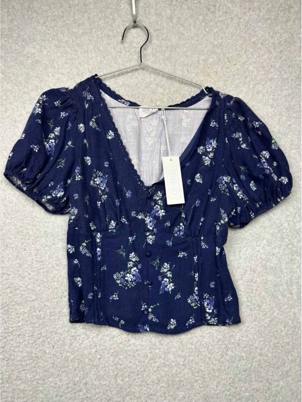 Floral Smocked Lace Crop Top L Ditsy Y2K Cottagecore Puff Sleeve Garden Spring
